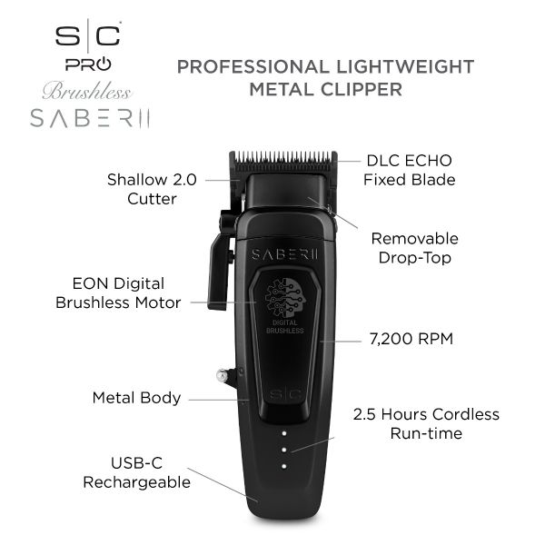 Stylecraft Pro SABER II Professional Metal Clipper with Digital Brushless EON Motor - Black - Tondeuse de Coupe