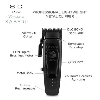 Stylecraft Pro SABER II Professional Metal Clipper with Digital Brushless EON Motor - Black - Tondeuse de Coupe