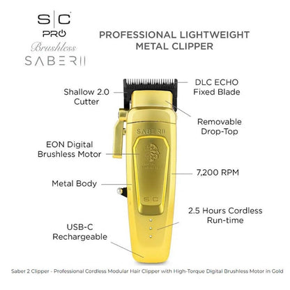 Stylecraft Pro SABER II Professional Metal Clipper with Digital Brushless EON Motor - Gold - Tondeuse de Coupe